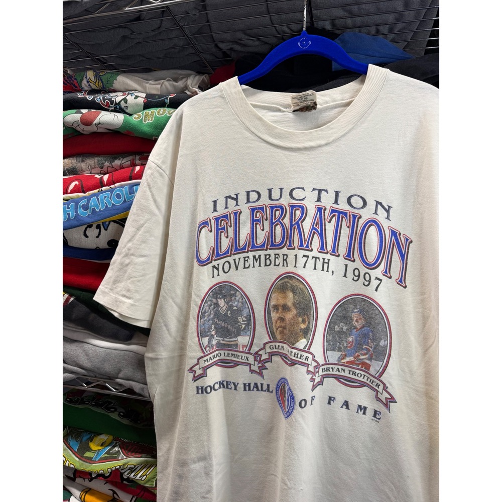 Vintage 1997 Hockey Hall of Fame Mario Lemieux Induction T-Shirt White XL 22x30
